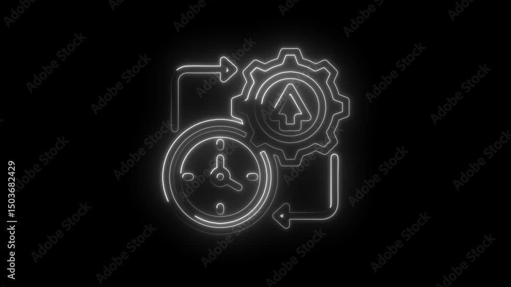 Poster productivity optimization with neon gear time clock workflow animation on black background