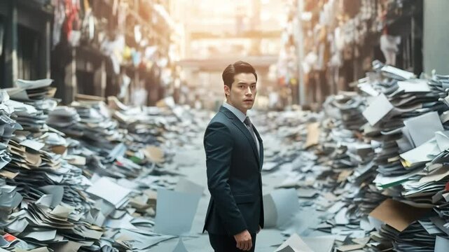 A man in a suit stands amidst towering piles of disorganized papers and documents, possibly representing bureaucratic overload or a chaotic information environment