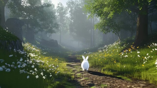 A white bunny walks away on a path through a sunlit forest filled with wildflowers.
