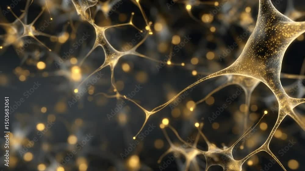 Poster abstract representation of glowing neurons and synapses in a dark background, illustrating brain con