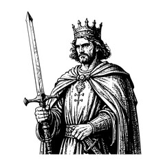 Obraz premium king wear crown holding sword sketch engraving black and white outline. Scratch board imitation.