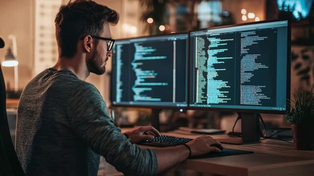 A programmer wearing glasses is intently focused on two computer monitors displaying lines of code, likely working on a software development project.