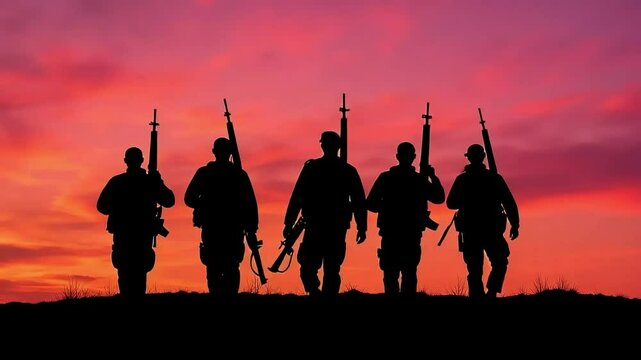 Silhouette of soldiers marching at sunset a powerful image of military personnel teamwork and camaraderie under a vibrant sky