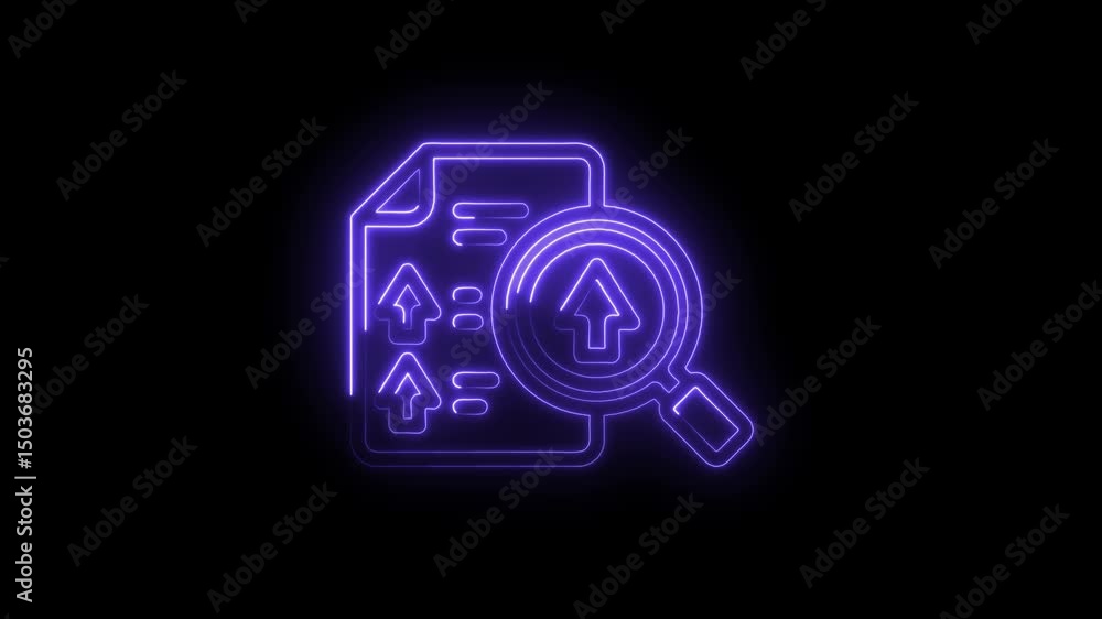 Poster neon style animation of data analysis showing growing trends with a magnifying glass