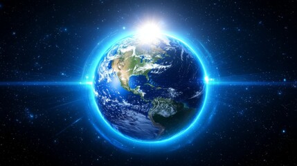 Stunning Earth from Space Glowing Planet Blue Light Global View Cosmic Background