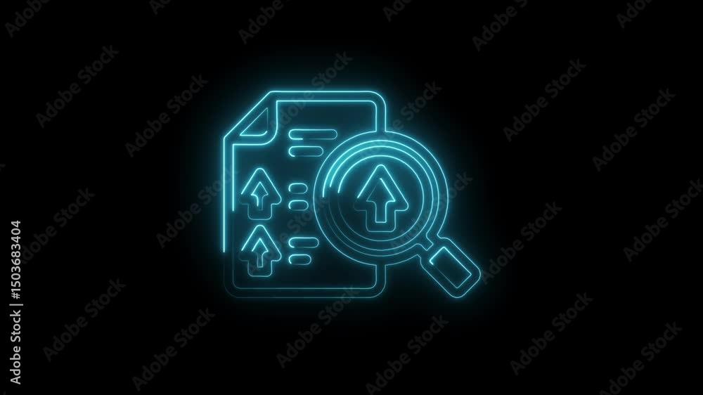 Poster neon document search animation exploring data charts and growth trends with glowing magnifying glass