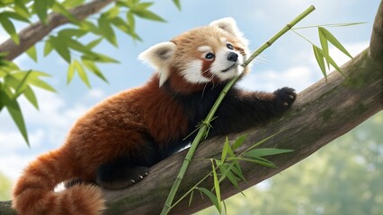 Naklejka premium A red panda peacefully sleeping on a tree log, surrounded by a soft, green forest background, basking in gentle sunlight.