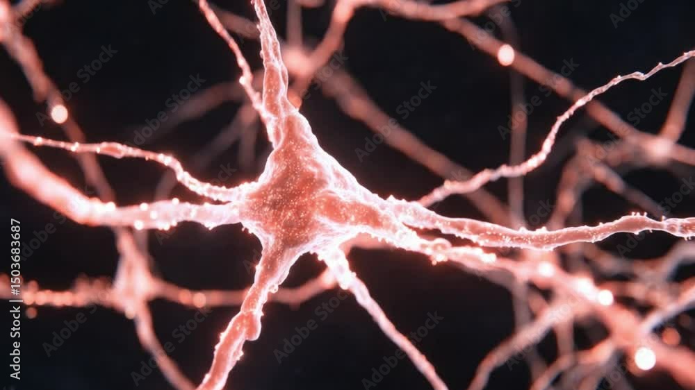 Poster intricate close-up view of human neuron structure showcasing cell body, dendrites, and synapses in v