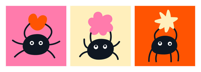 Posters set with funny little spiders. For children's notebooks design, clothing prints, web graphics, Halloween decor, greeting cards, branding and various products. Cute vector illustrations. © Busy Lola