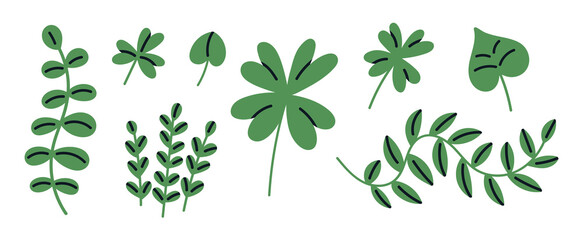 Set with details for yours design — leaves of different sizes and shapes. Vector illustration. For botanical branding, nature-inspired stationery, greeting cards and pattern designs. © Busy Lola