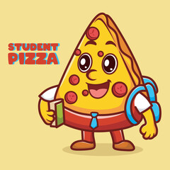 Adorable cartoon pizza slice dressed as a student with a backpack, tie, and holding a book. Perfect for educational materials, school-themed content, and children’s products