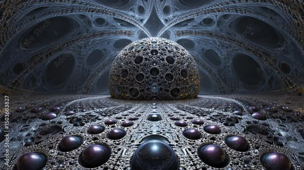 Poster intricate 3d fractal design with geometric patterns and organic shapes in dark space environment