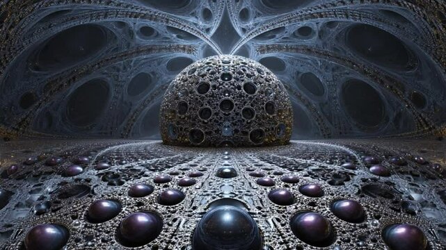 Intricate 3D Fractal Design with Geometric Patterns and Organic Shapes in Dark Space Environment
