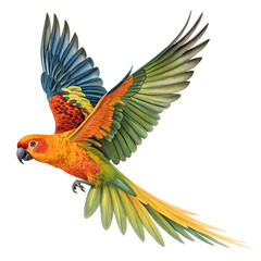 Flying Sun Conure Parakeet (Aratinga solstitialis) Isolated on Transparent Background