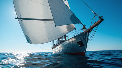 Front angle of a sleek sailboat cruising the open sea with full white sails in the wind.