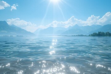 Under the azure sky, gentle sunlight falls on the sparkling lake surface