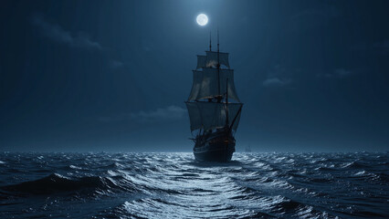 Mysterious voyage of a silhouette ship across moonlit ocean waves.