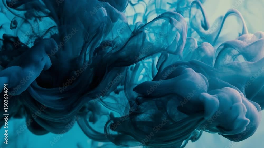 Poster abstract blue swirls of ink and water creating beautiful patterns with soft fluid motion