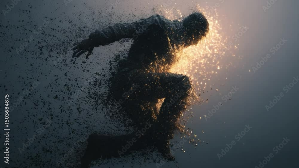 Poster dynamic figure in motion creating a mesmerizing light effect with particles in a dreamlike environme