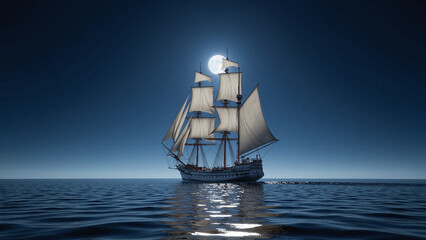 A majestic tall ship illuminated by the full moon over calm night waters.