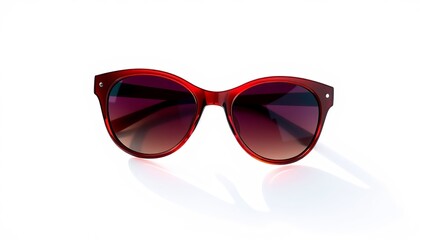 Stylish red sunglasses with a gradient brown lens are shown on a white background with reflection.