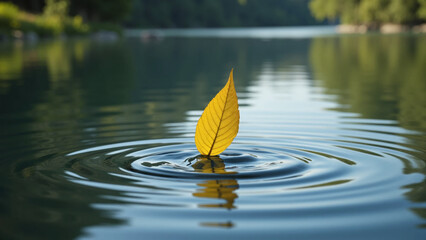 A yellow leaf floats gently on calm lake water with ripples.