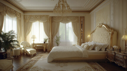 Luxurious bedroom interior with elegant decor and soft lighting, creating serene atmosphere