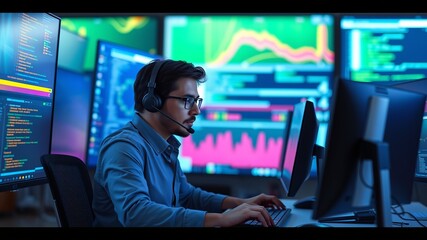 A focused male programmer works diligently at his computer surrounded by multiple monitors displaying complex code and data visualizations in a modern