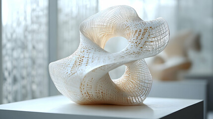Abstract sculpture with intricate lattice design.