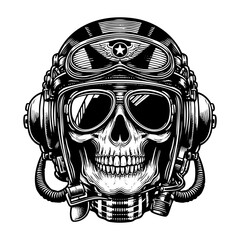 Skull wears retro pilot helmet engraving black and white outline. Scratch board imitation. illustrated in vintage line art style on a white background.