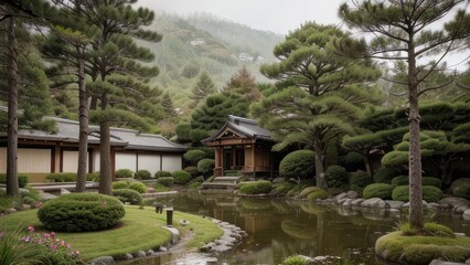 Fototapeta premium Tranquil garden scene with traditional buildings.