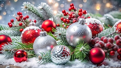 Christmas ornaments with snow and red berries on pine branches