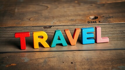 Colorful wooden letters spell the word TRAVEL on a rustic brown wooden surface background.