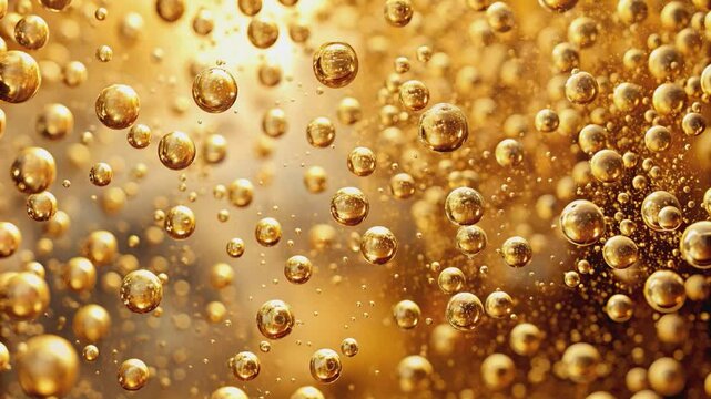 Close-up view of champagne bubbles, showcasing their delicate form and golden hue.A profusion of golden bubbles, creating a rich and luxurious visual texture.