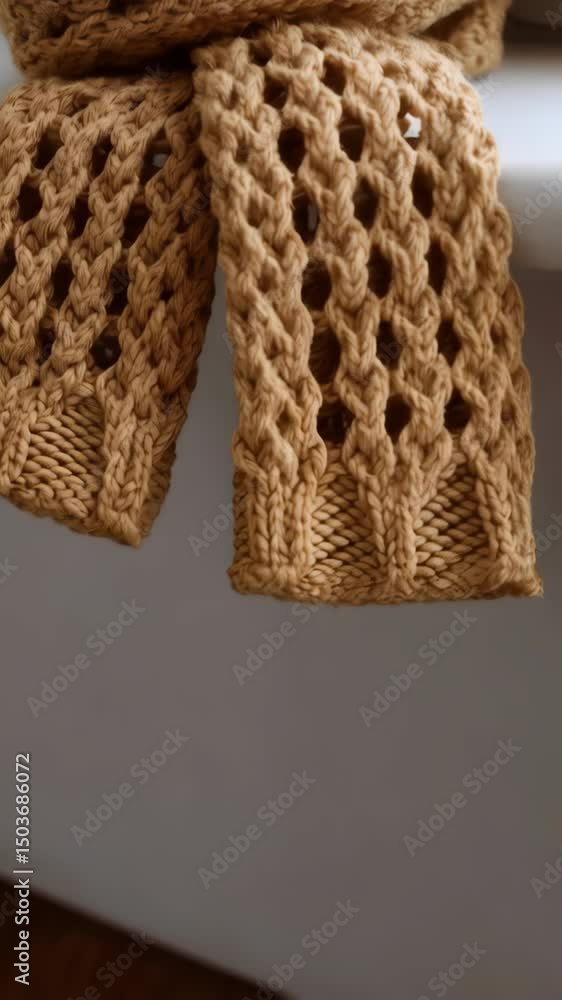 Aufkleber close up of a soft beige knit scarf with chunky open weave resting on a white shelf with natural lig