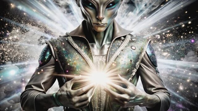 Ethereal portrait of a benevolent alien being emanating a bright, celestial light from its chest, set against a backdrop of swirling galaxies and cosmic energy.