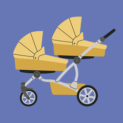 Colorful vector illustration with a stroller for twins. Baby carriage, pram, buggy. For girls and boys. Hand drawn vector illustration. Childhood, transportation, walk with children, motherhood.