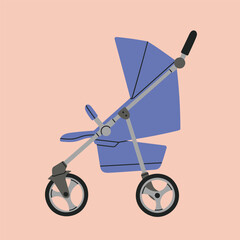 Vector illustration with a stroller. Baby carriage, pram, buggy. For girls and boys. Hand drawn vector illustration. Childhood, transportation, walk with children, motherhood. Colorful poster.