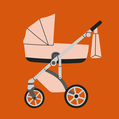 Vector illustration with a stroller. Baby carriage, pram, buggy. For girls and boys. Hand drawn vector illustration. Childhood, transportation, walk with children, motherhood. Colorful poster.