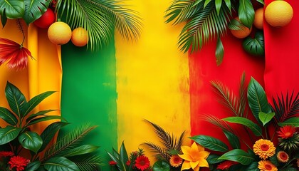 Vibrant green, yellow, and red reggae backdrop with tropical elements,   vibe,   weed