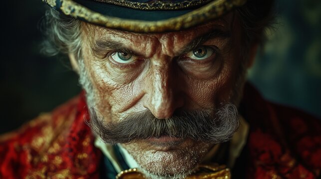 Stern-looking man with a large mustache in a ringmaster costume.