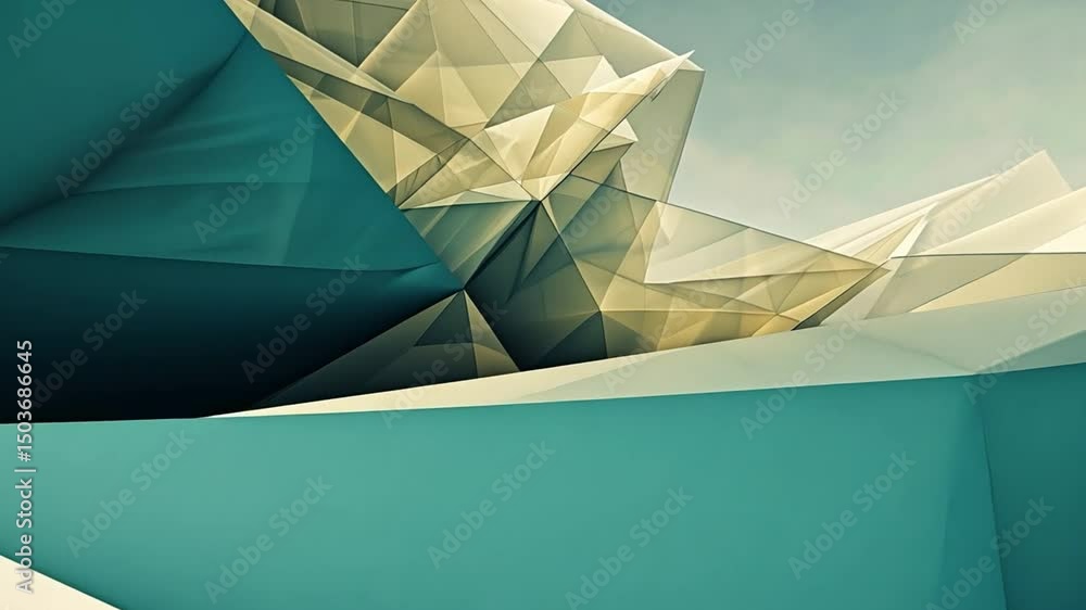 Poster stunning abstract geometric composition featuring sharp angles and blend of teal, gold, and white sh