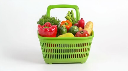 Green plastic basket filled with assorted colorful vegetables