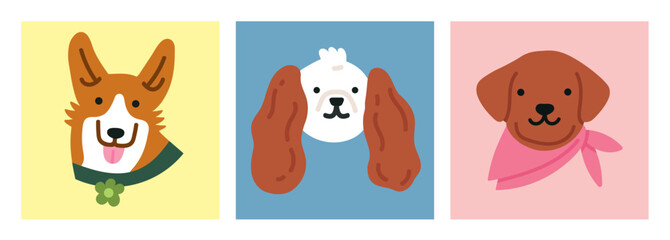 Set of posters with cute puppy's heads. Welsh Corgi, King Charles Spaniel and Labrador dog. For pet-related marketing materials, content about breeds, prints, cards etc. Colorful vector illustrations.
