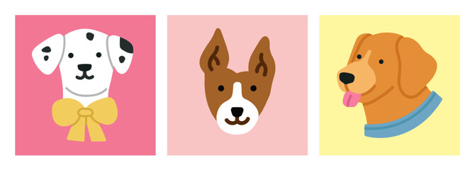 Set of posters with cute puppy's heads. Dalmatian dog,  Golden Retriever and Basenji dog. For pet-related marketing materials, content about breeds, prints, cards etc. Colorful vector illustrations.