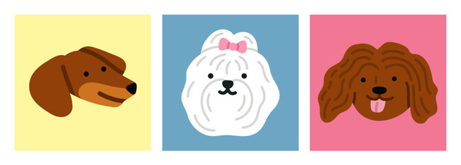 Set of posters with cute puppy's heads. Bergamasco Shepherd dog, Bichon and Dachshund dog. For pet-related marketing materials, content about breeds, prints, cards etc. Colorful vector illustrations. 
