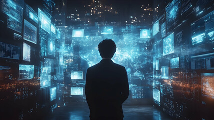 Person contemplates a network of digital displays.