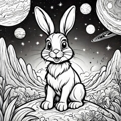 Cartoon illustration of a cute rabbit smiling among the cosmos and planetary bodies in space