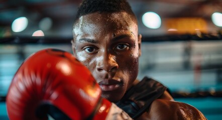 Inside a boxing gym, a boxer clenches his fist