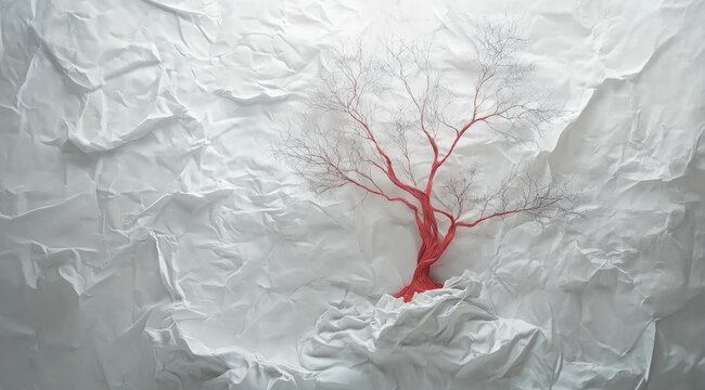 Folded paper landscape with red tree